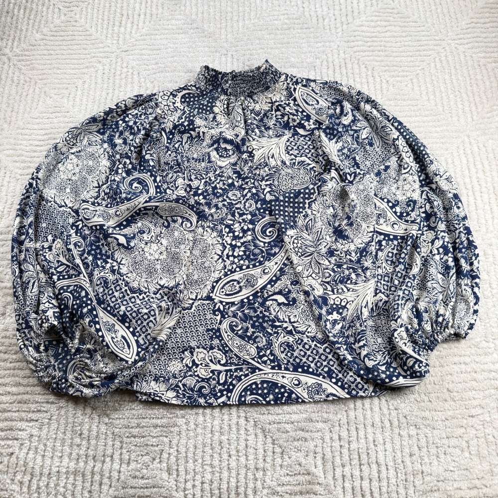 CeCe Paisley Smocked Blouse Womens Small Navy Blue Boho Cottagecore Romantic